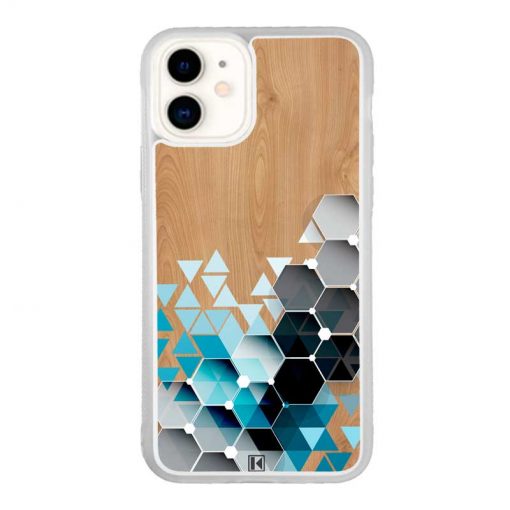 Coque iPhone 11 – Blue triangles on wood